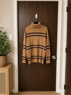 SHEIN Camel & Black Striped Turtleneck Sweater Relaxed Fit